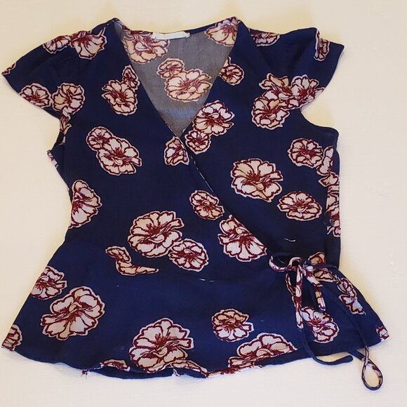 Elodie Tops - Elodie Blue, Red and White Wrap shirt with cap sleeves